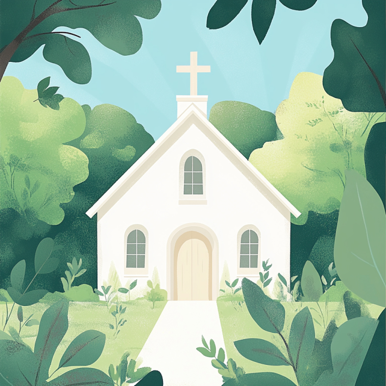 A white church in a peaceful setting
