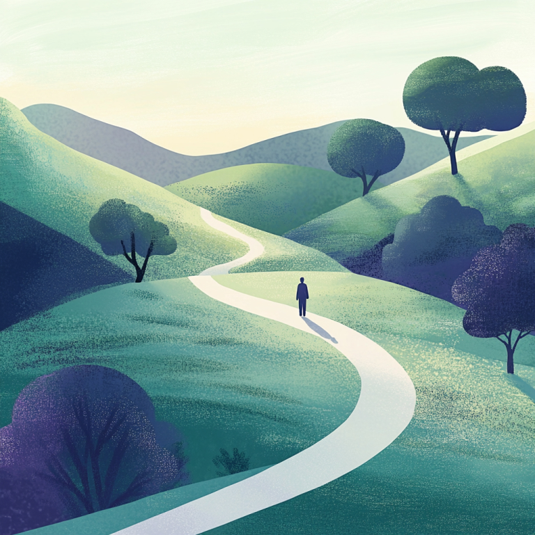 A winding path through a peaceful landscape