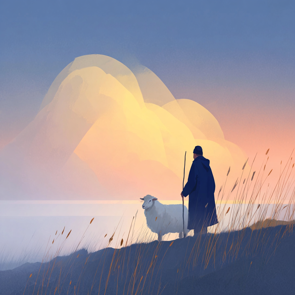A shepherd with sheep in a peaceful pastoral scene