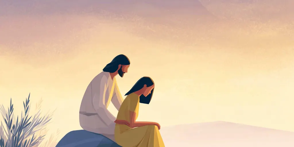 A robed figure sits beside and gently comforts a kneeling woman on a quiet hillside.