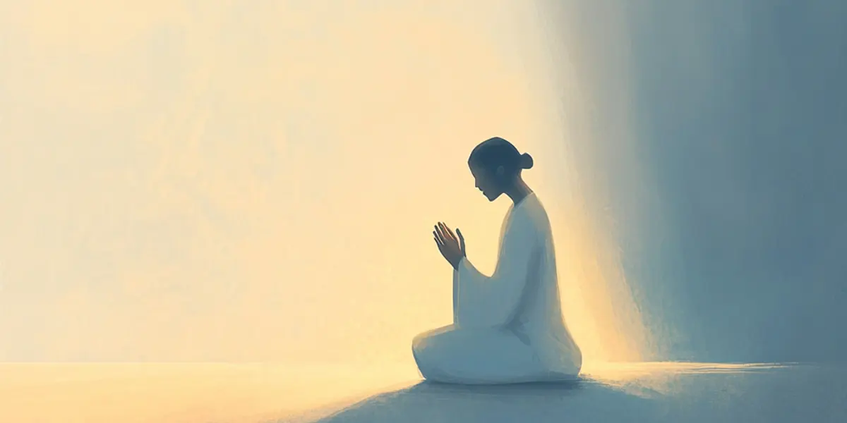 A person in white kneels in prayer with hands clasped, bathed in a soft beam of warm light against a calm background.