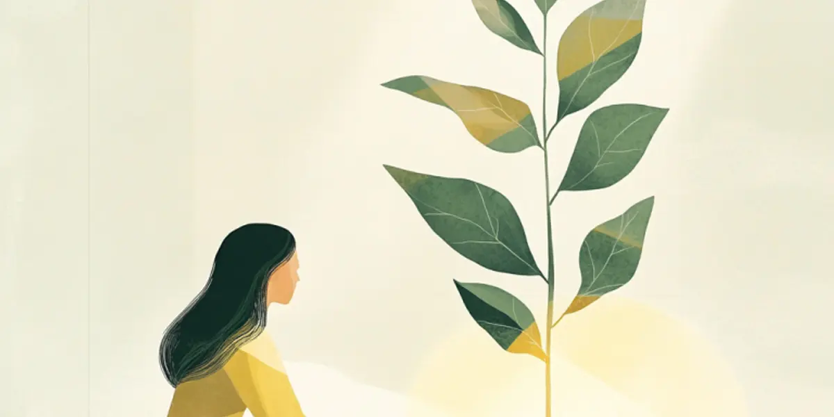 A woman sits alone on a grassy hill in warm light, gazing at a single tall plant growing beside her.