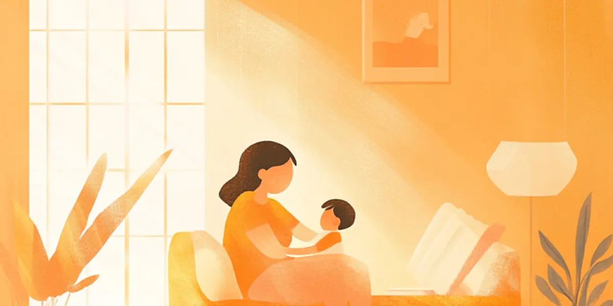 A parent sits on a sofa holding a small child in a warm, sunlit living room with plants and an open window.