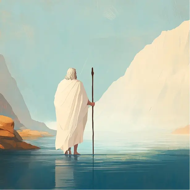A white-robed, white-haired elder holds a tall wooden staff while standing barefoot in still water between mountains, seen from behind.
