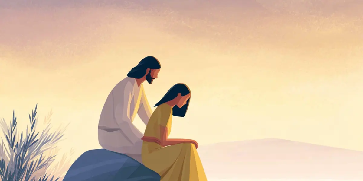 A robed figure sits beside and gently comforts a kneeling woman in a yellow dress on a quiet hillside at dusk.