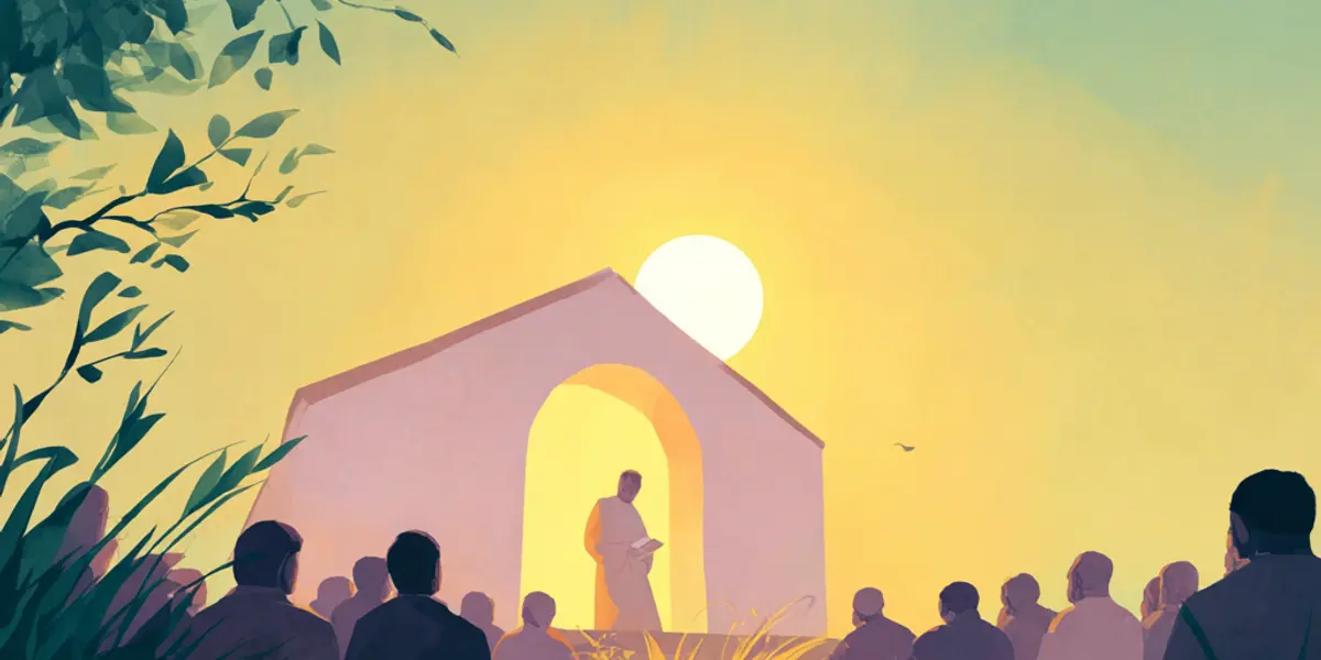 Eine kleine weiße Kapelle leuchtet im goldenen Abendlicht, davor steht eine versammelte Gruppe von Menschen, gerahmt von grünem Blattwerk.