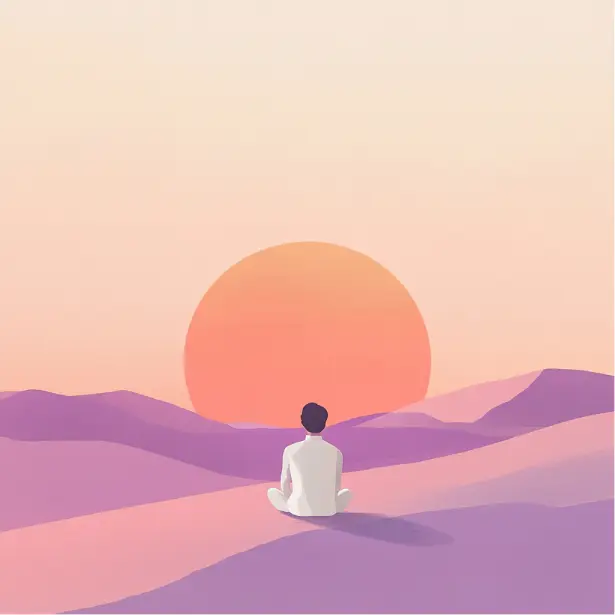 A figure meditating at sunset in peaceful surroundings