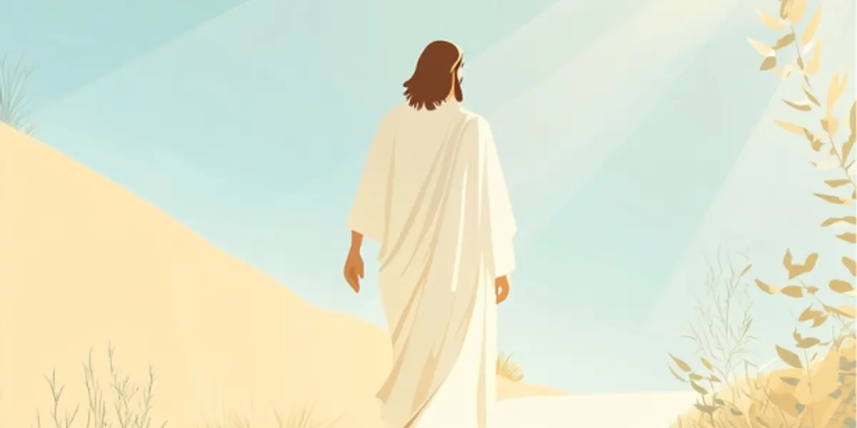 A white-robed figure with long hair walks barefoot up a sunlit sandy path, seen from behind amid soft golden foliage.