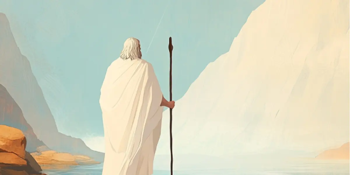 A white-robed elder holds a wooden staff while standing barefoot in still water between mountains, seen from behind.