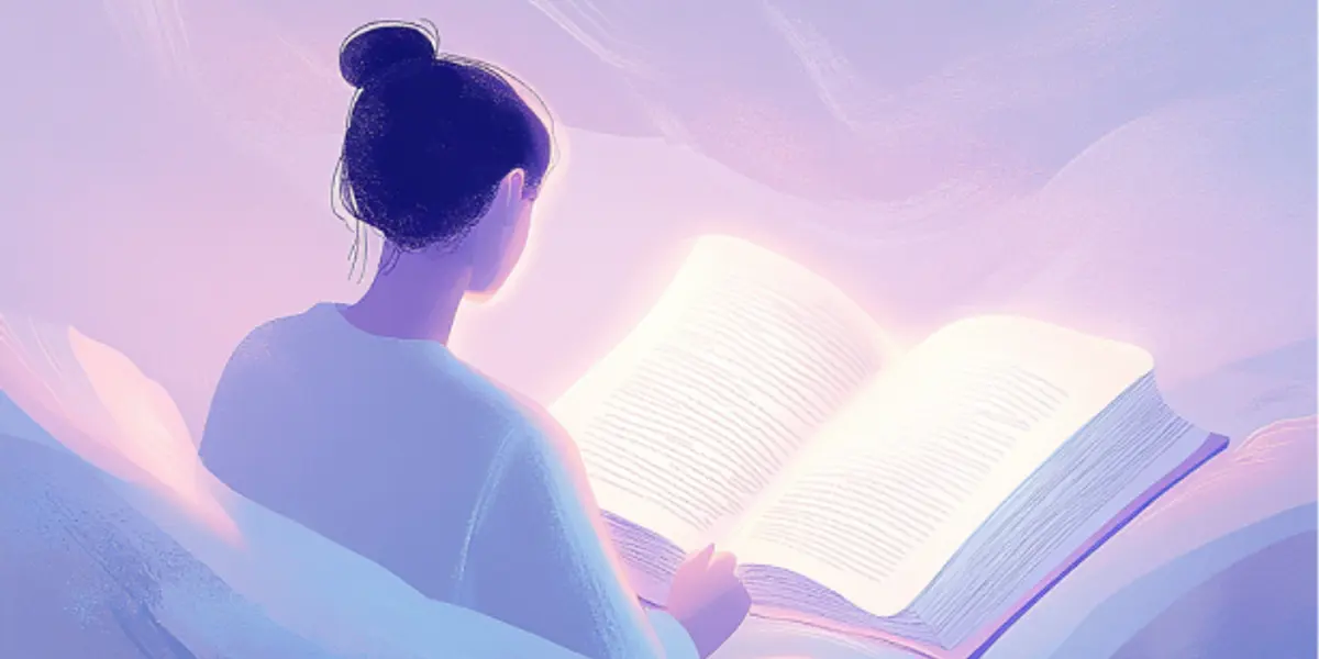 A person sits reading a glowing open book, its light illuminating them against soft purple and blue clouds.