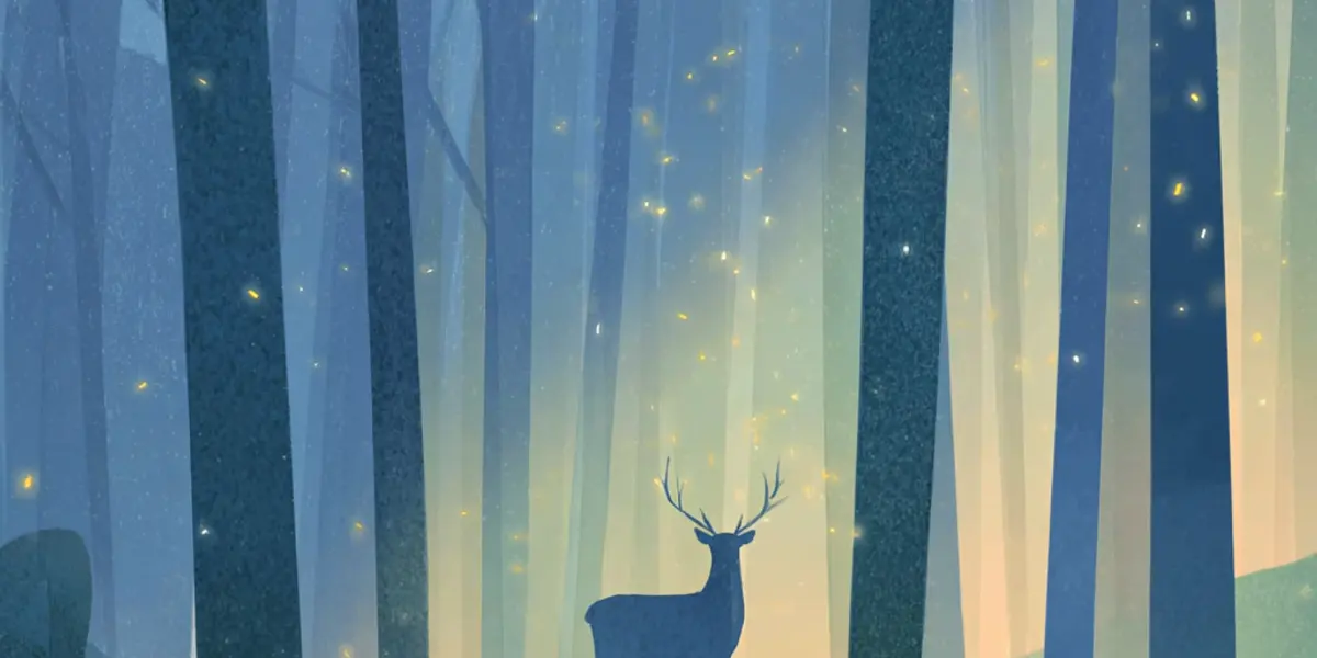 A solitary stag stands in a misty nighttime forest of tall trunks under a dim, quiet sky.