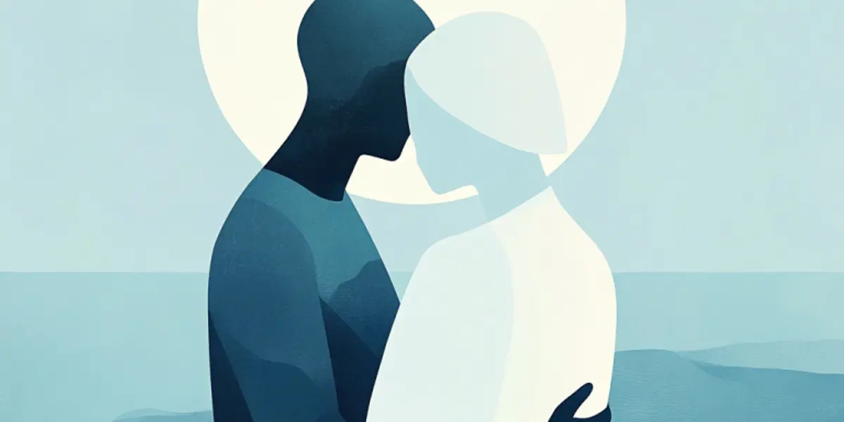 Two figures embrace face to face, one dark and one light silhouette, against a large soft white sun.