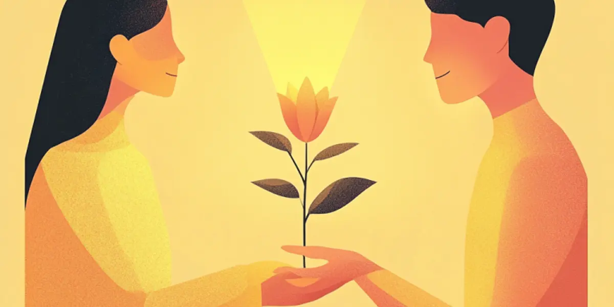 A woman and a man face each other and gently hold a small flowering plant together, bathed in a warm glow.