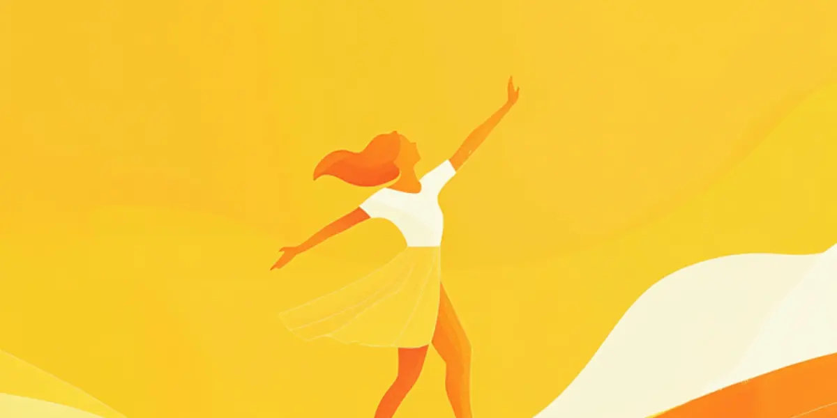 A woman dances joyfully with arms outstretched across golden sunlit hills under a bright sun.