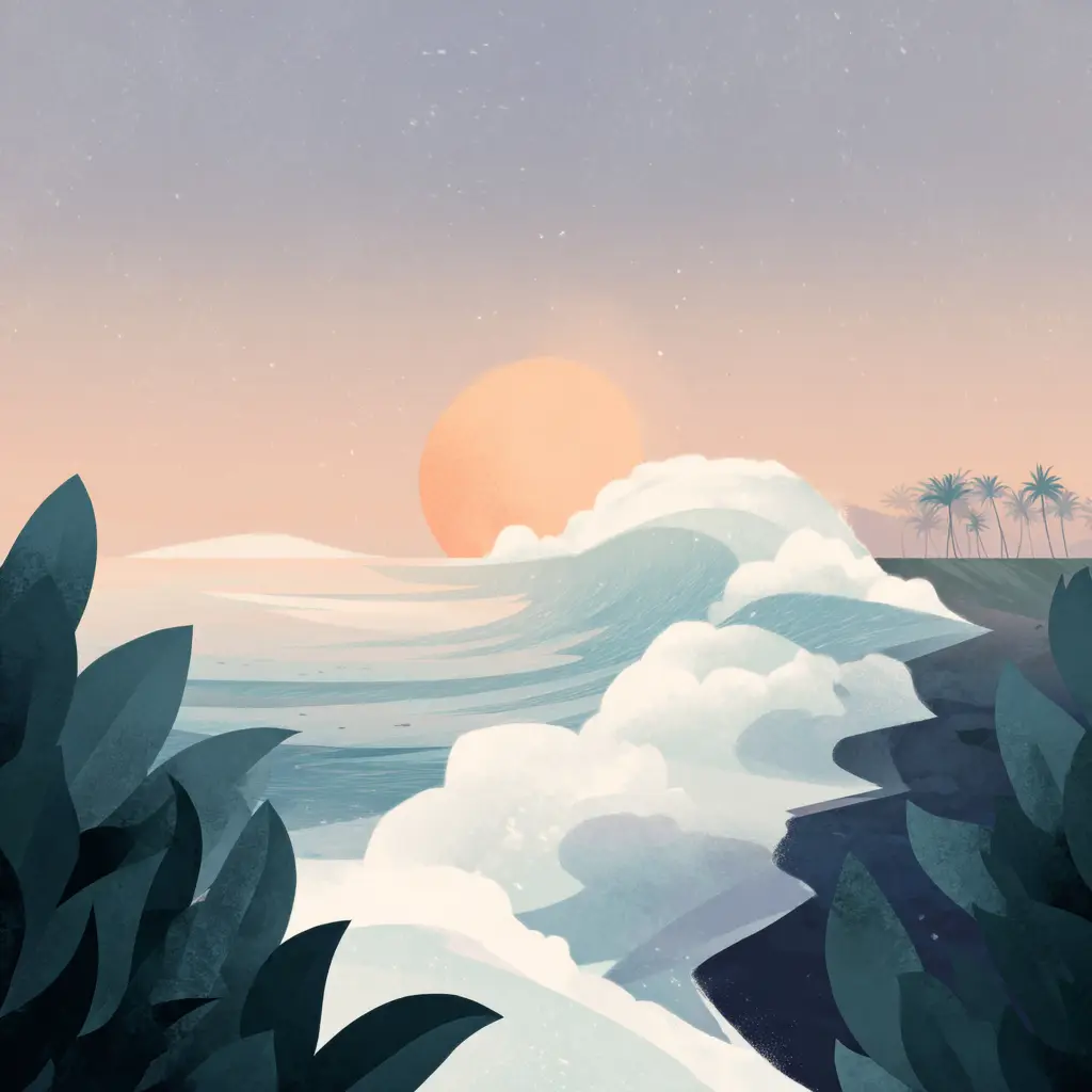 Gentle rolling ocean waves crest toward shore beneath a peach-pink sunset sky, framed by dark tropical foliage and distant palm trees.
