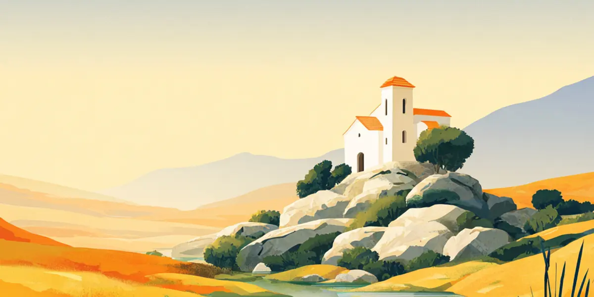 A small white chapel with a red roof sits on rocky outcrops beside a winding river in a golden, sunlit landscape.