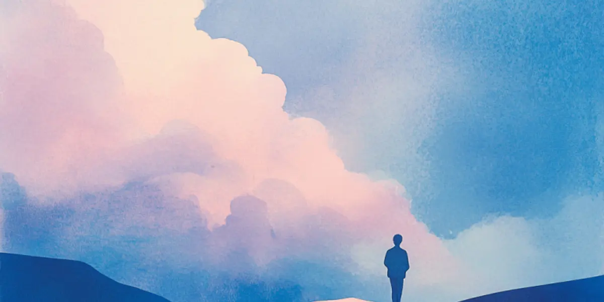 A lone figure stands on a pink ridge looking toward towering soft clouds in a vast blue and pink watercolor sky.