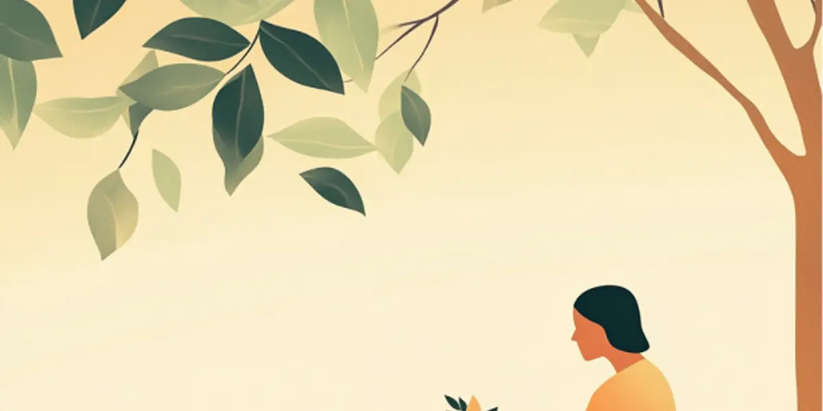 A person sits cross-legged beneath a leafy tree, cradling a small sprouting plant in their hands in warm light.
