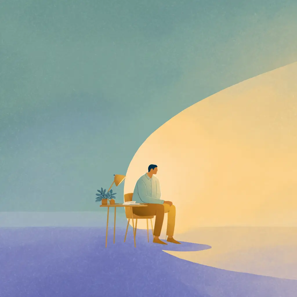 A man sits alone at a small desk with a potted plant, head bowed, dwarfed by a vast empty wall split between cool and warm tones.