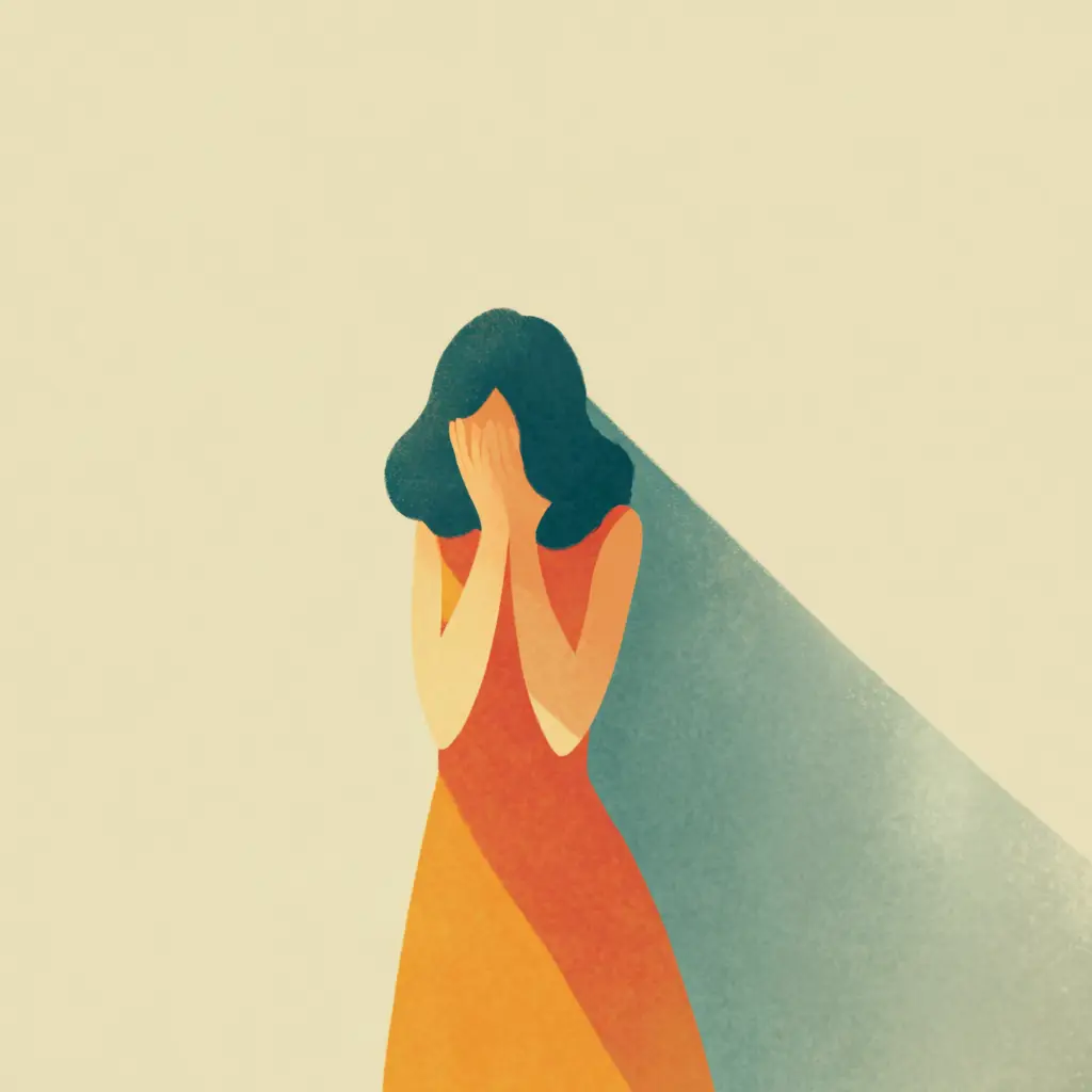 A woman in an orange dress covers her face with her hands, head bowed, against a plain cream background with a soft shadow.