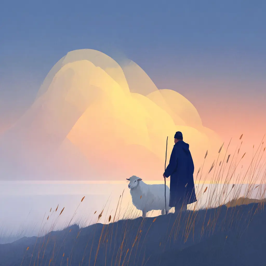 A robed shepherd holding a staff stands beside a white sheep on a grassy hillside at sunset, with soft mountains and a glowing golden sky in the background.
