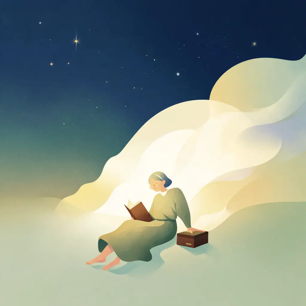A robed figure sits reading an open book beneath a quiet starry night sky.