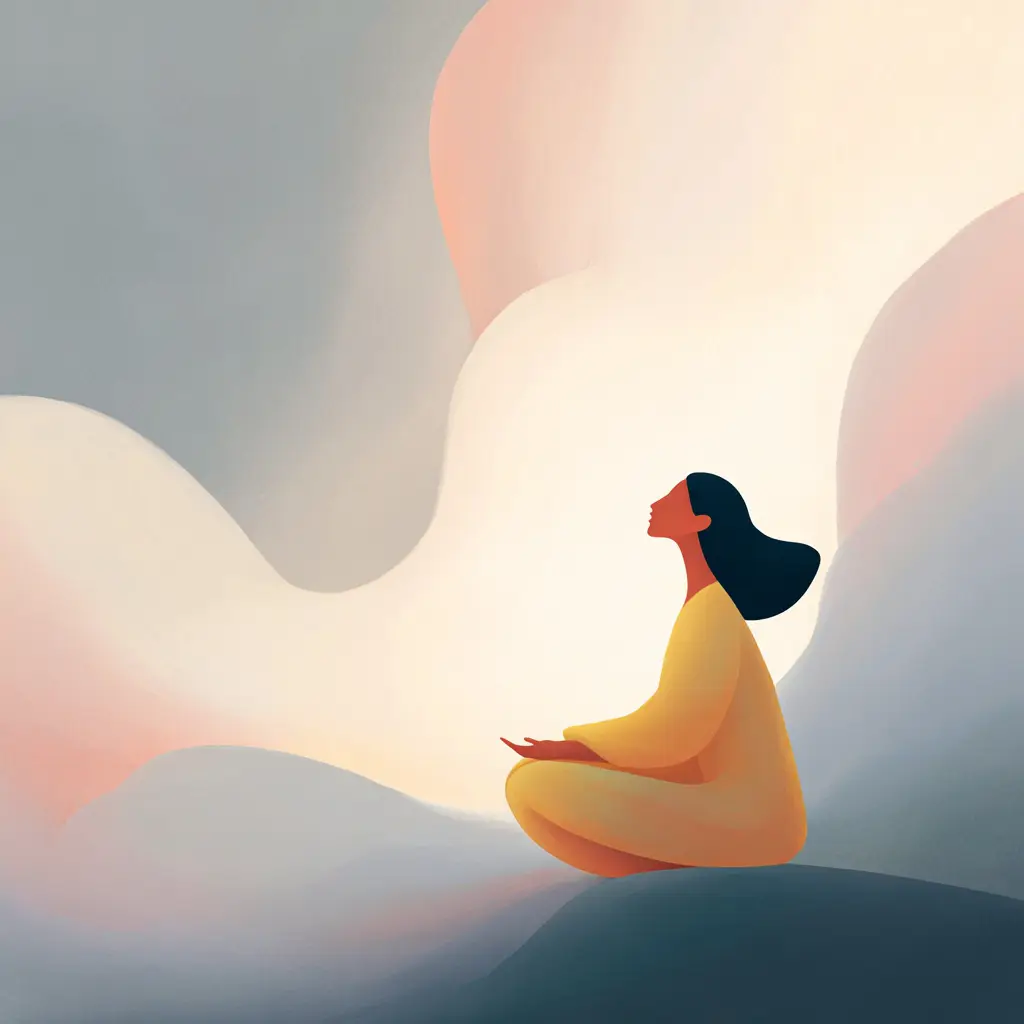 A woman sits cross-legged in calm meditation against softly swirling abstract clouds in muted pastel tones.