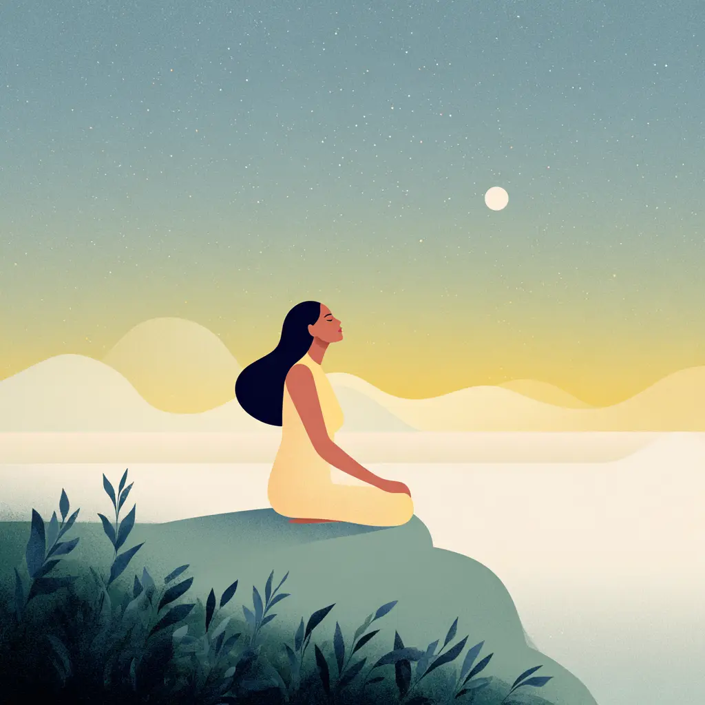 A woman sits cross-legged in quiet meditation on a rock beside calm water at dusk, a pale moon rising over distant hills.