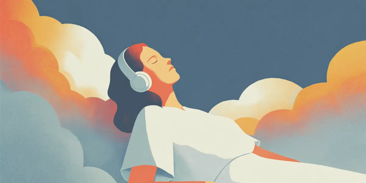 A woman wearing headphones reclines with eyes closed on soft clouds, an open book on her lap, surrounded by warm light.