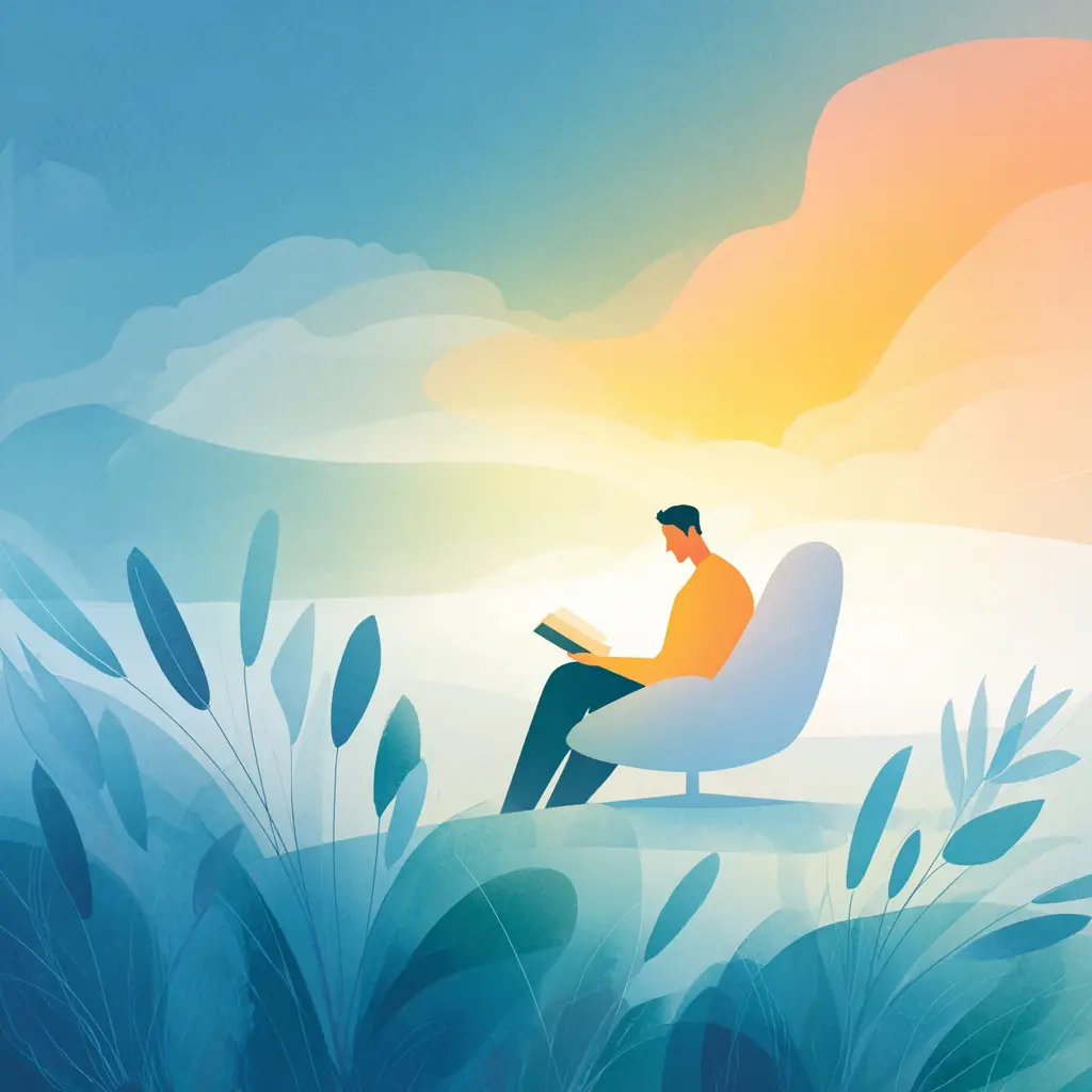 A man reads in an armchair among foliage as a warm sunrise glows on the horizon.