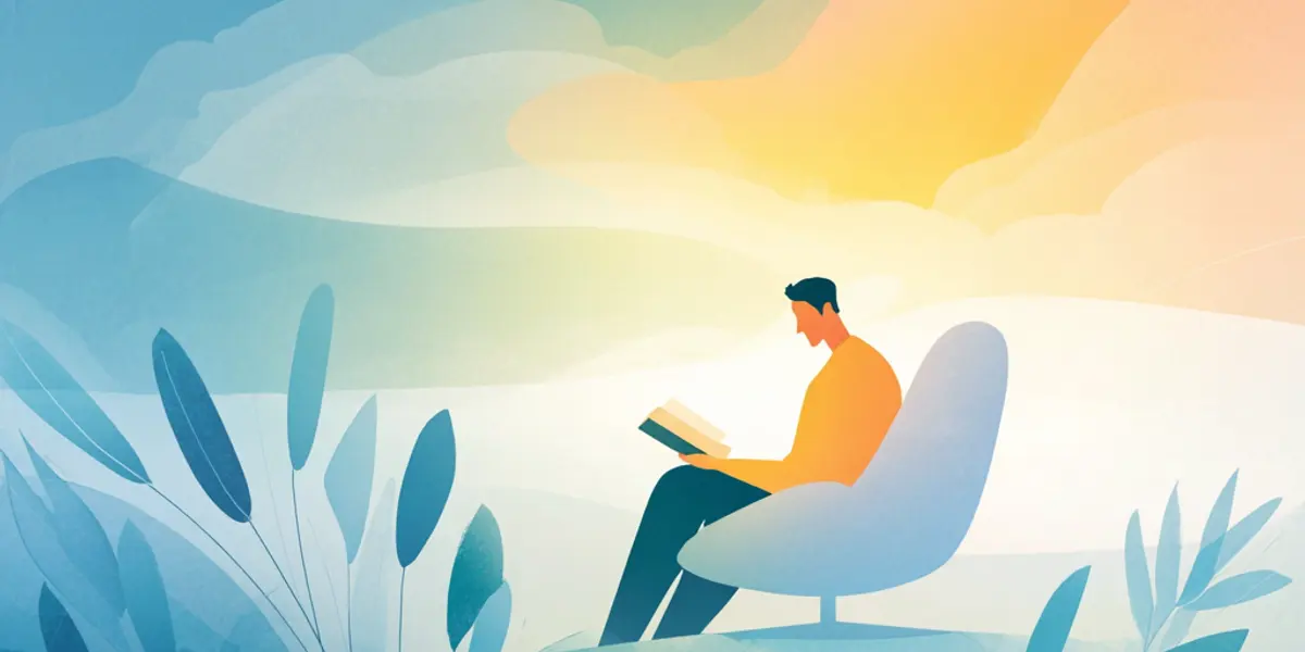 A man reads his open Bible in an armchair at sunrise, warm light falling across the pages.