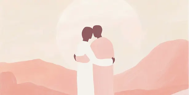Two figures embrace warmly, silhouetted against a large pale sun.