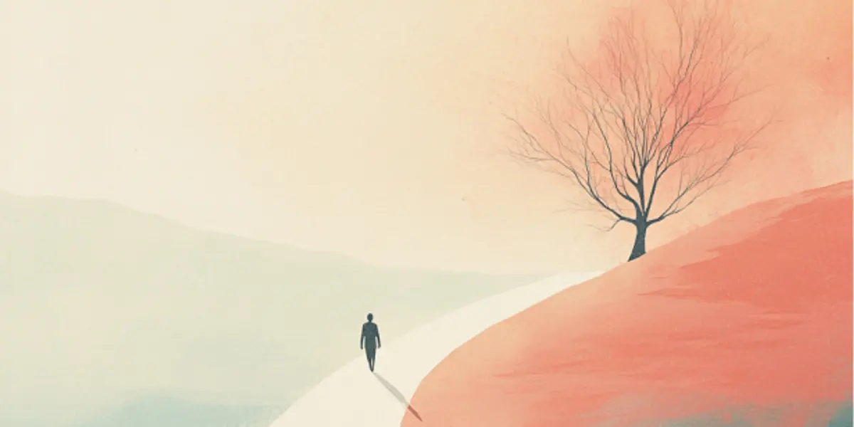 A lone figure walks a pale winding path that divides a cool blue misty valley from a warm red hill with a bare tree.