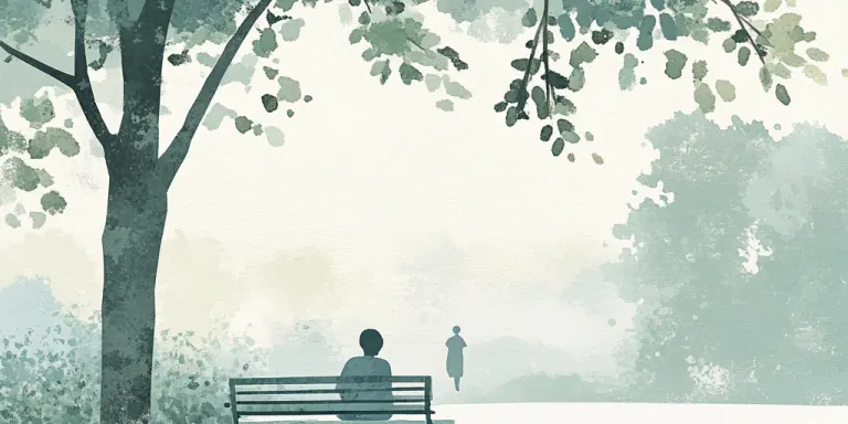 A solitary figure sits alone beneath a large tree in soft evening light.