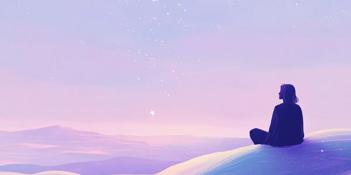 A solitary figure sits on a hilltop under a violet, star-dusted twilight sky, gazing toward a single bright star.