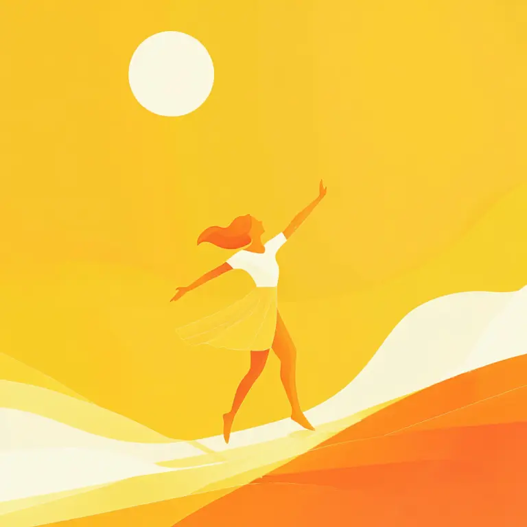 A woman dances joyfully with arms outstretched across golden sunlit hills.