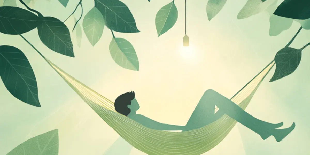 A person reclines peacefully in a hanging hammock beneath lush green leaves, lit by a soft glowing lamp.