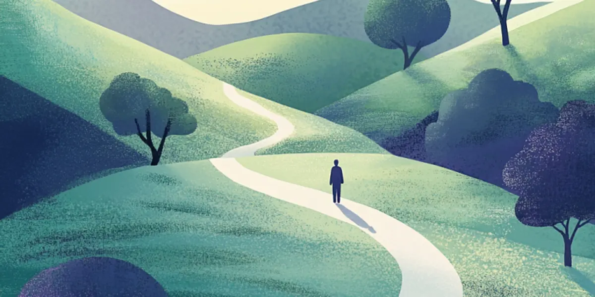 A lone figure walks along a winding white path through rolling green hills dotted with stylized trees under a soft pale sky.