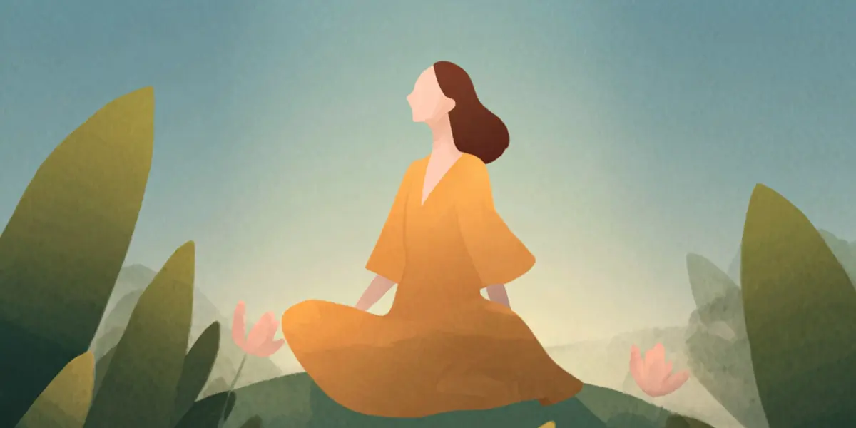 A woman sits cross-legged in serene meditation surrounded by lush green foliage and pink flowers under a warm glowing sky.