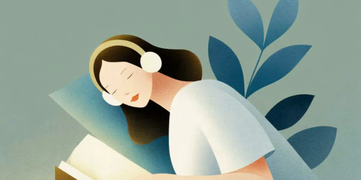 A woman wearing headphones rests peacefully with her head on an open book, a stylized blue plant behind her.