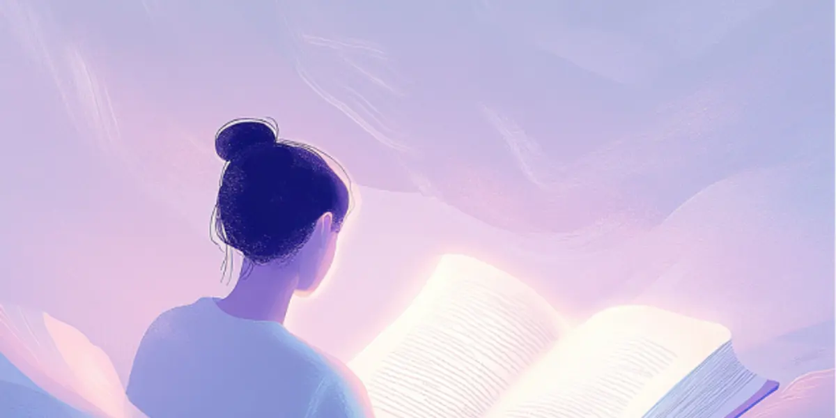 A woman sits reading a glowing open book, its light illuminating her against soft purple and blue clouds.