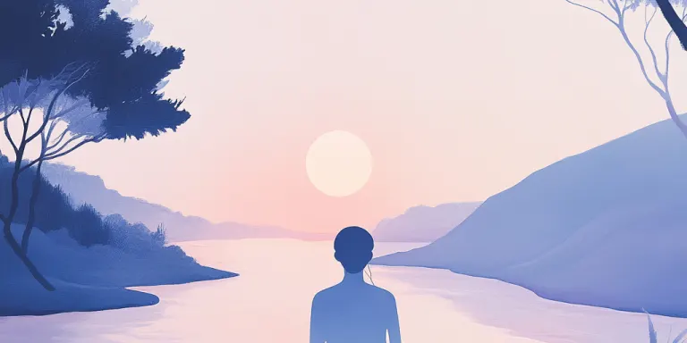 A silhouetted figure sits in meditation facing a calm lake at dusk.
