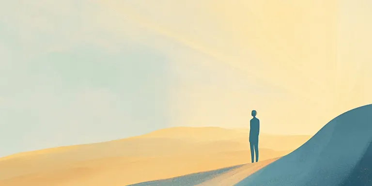 A lone figure stands on a rise looking toward a bright golden horizon.