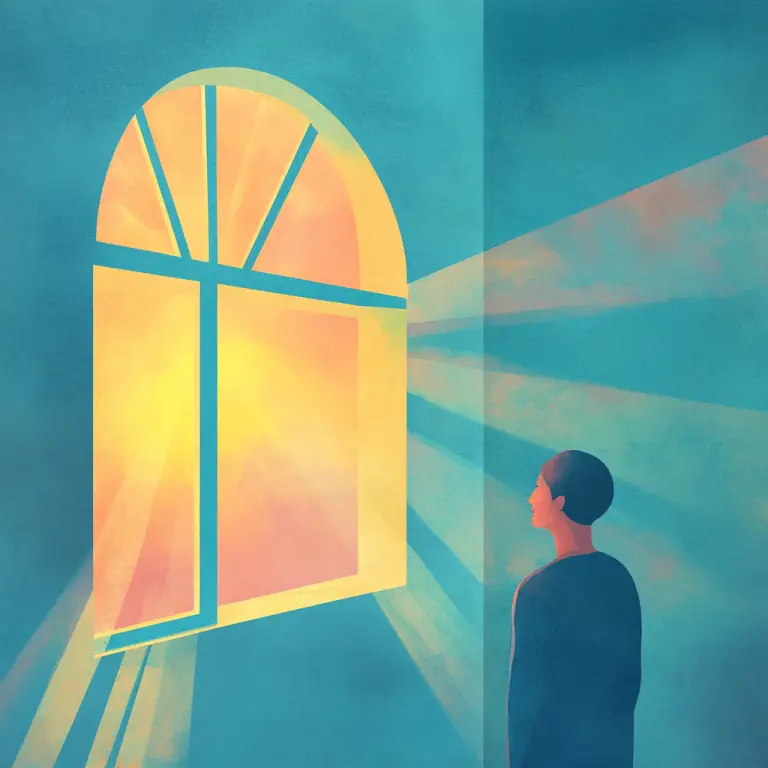 A person gazes up at a glowing cross-shaped window with warm light streaming in.