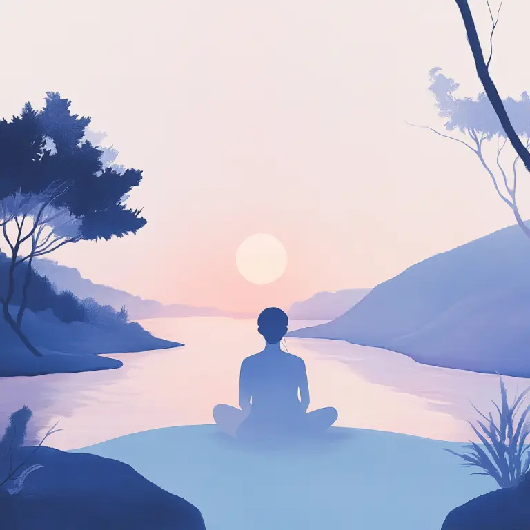 A figure sits in quiet meditation facing a calm lake under a soft pastel sky.