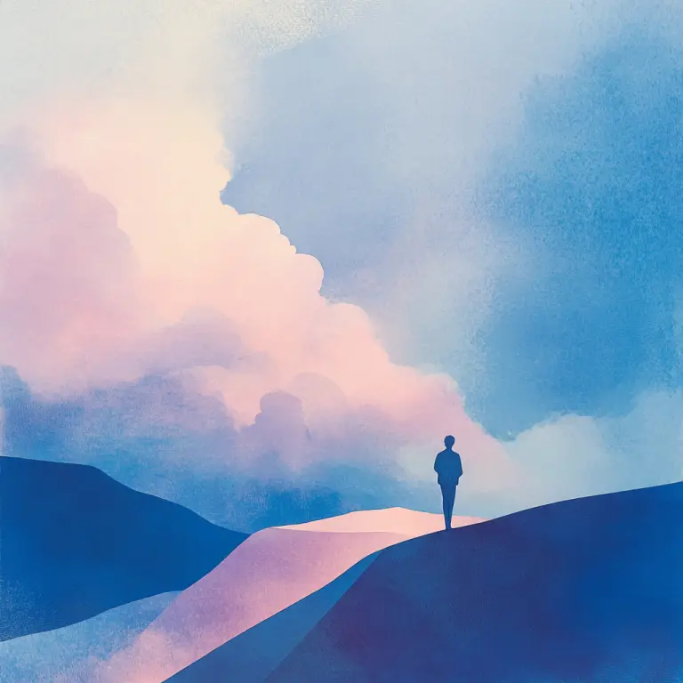 A lone figure stands on a ridge looking toward towering clouds in a vast sky.