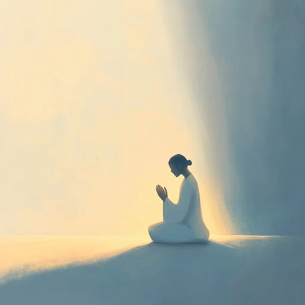 A person in white kneels in prayer with hands clasped, bathed in soft warm light.