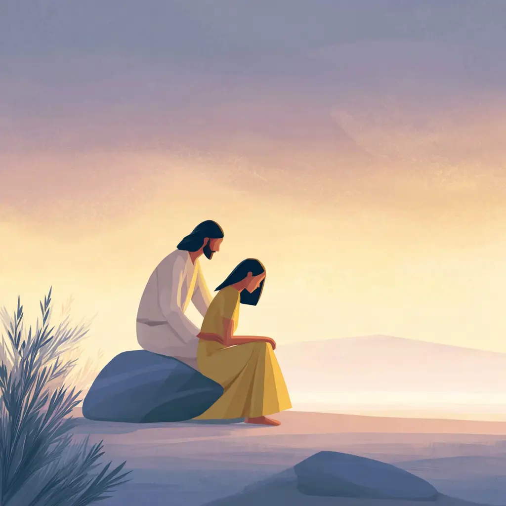 A robed figure gently comforts a kneeling woman on a quiet hillside.