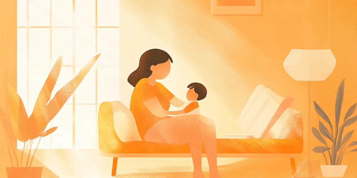 A parent sits on a sofa holding a small child in a warm sunlit living room with plants and an open book nearby.
