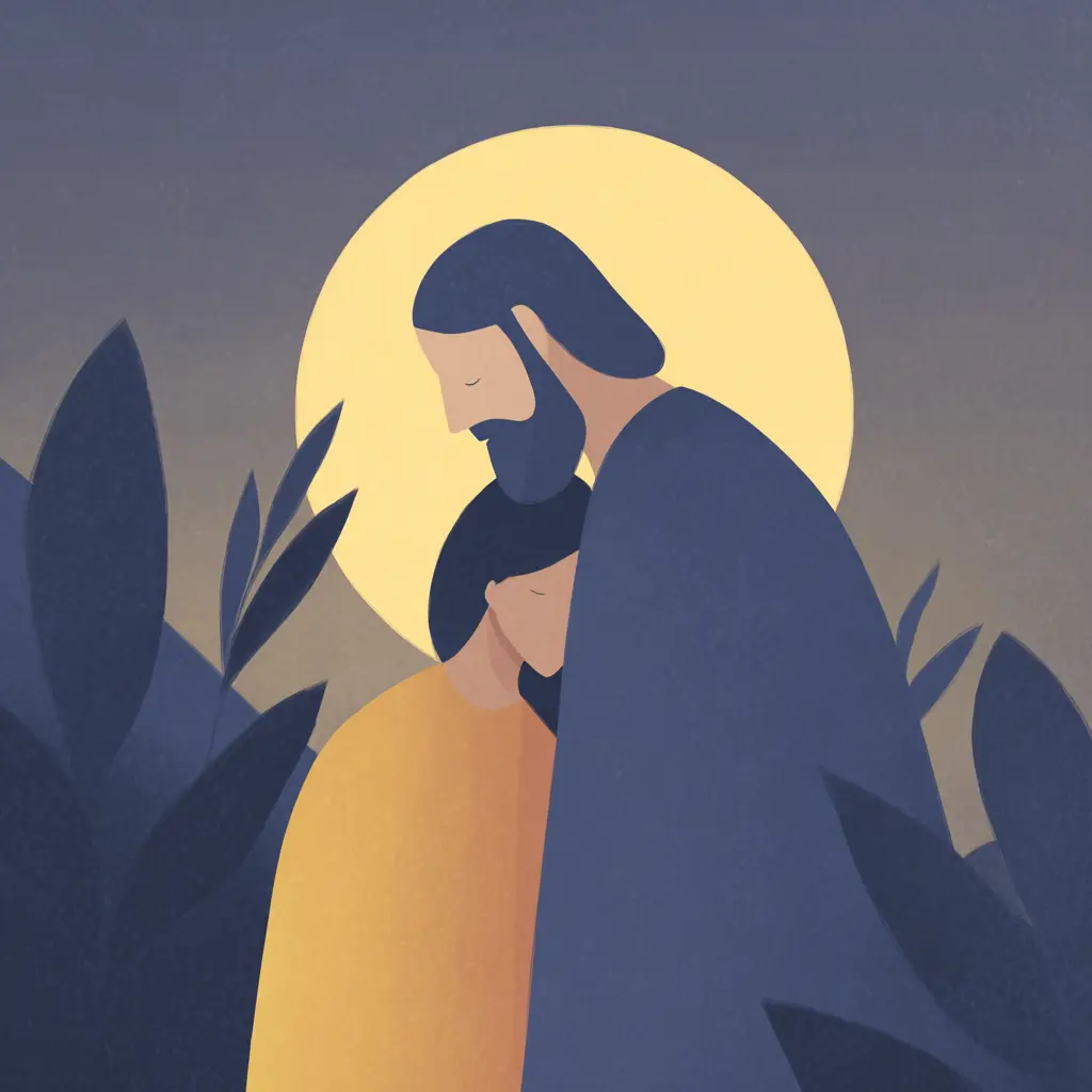 A robed figure with a glowing halo gently embraces a distressed man, framed by dark foliage and a warm golden light.